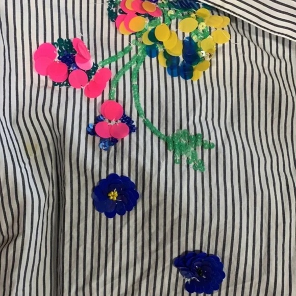 Anthropologie Maeve Floral Sequin Striped Cotton Button-down Shirt - 8 - Picture 6 of 6